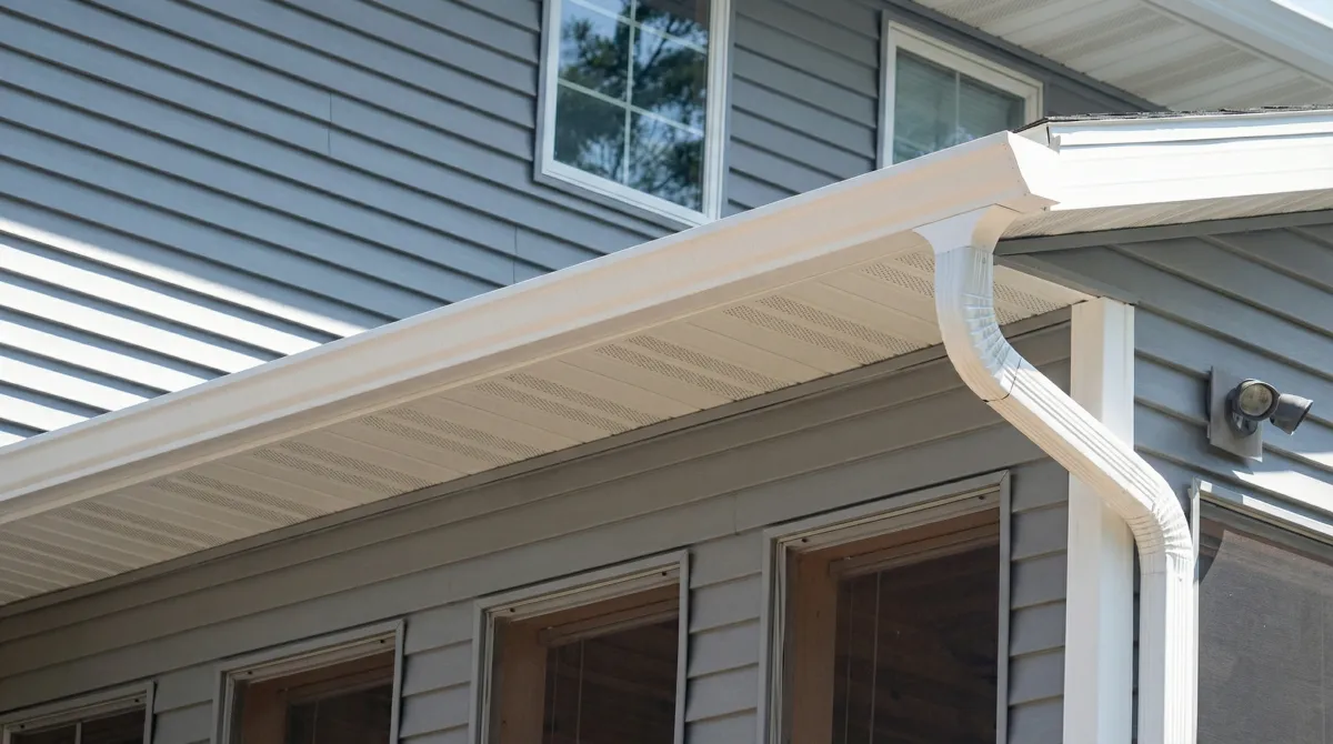 Professional home remodeling project showing newly installed white seamless gutters and downspouts on a house with gray siding in Yonkers, NY