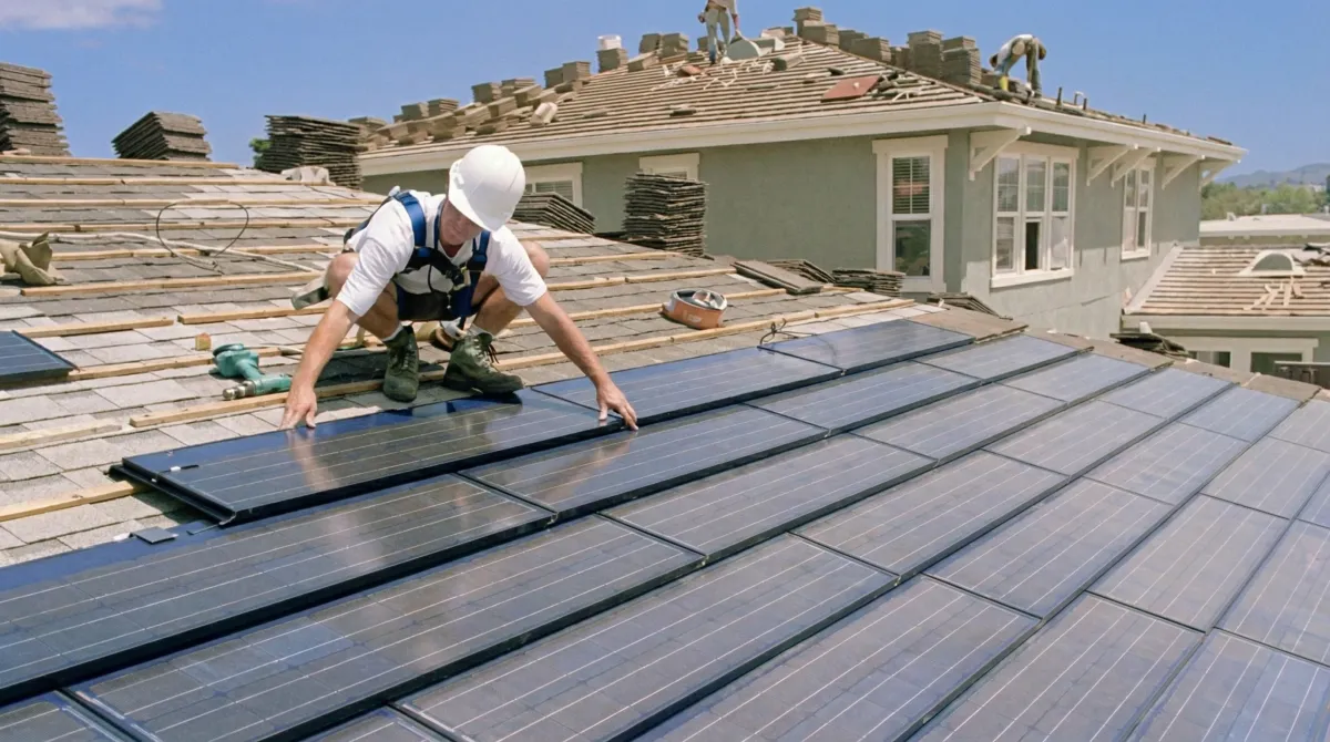 Roof replacement expert installing modern solar shingles on a residential home in Yonkers, NY