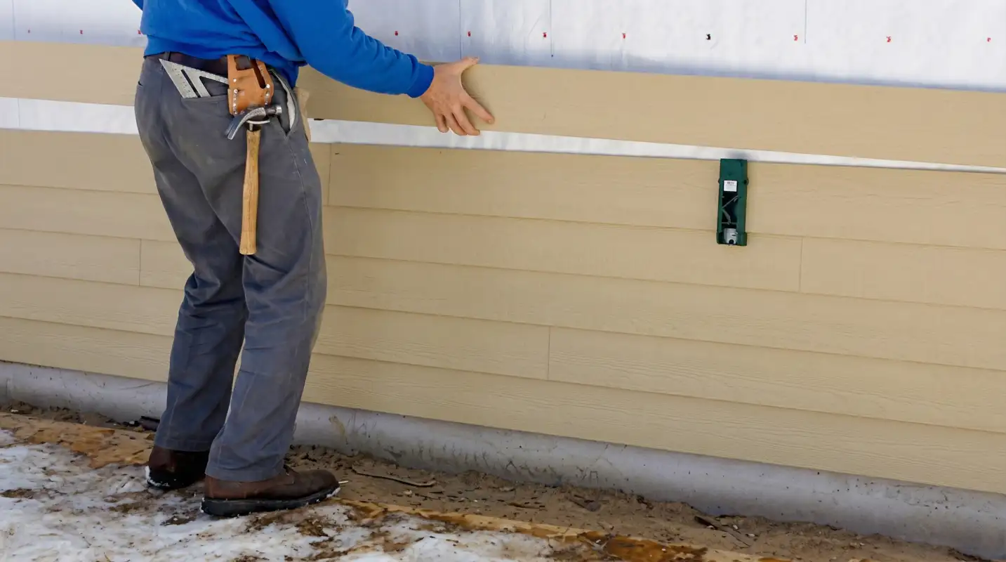 Siding replacement expert carefully aligning a new tan siding panel onto a residential exterior wall in Yonkers, NY