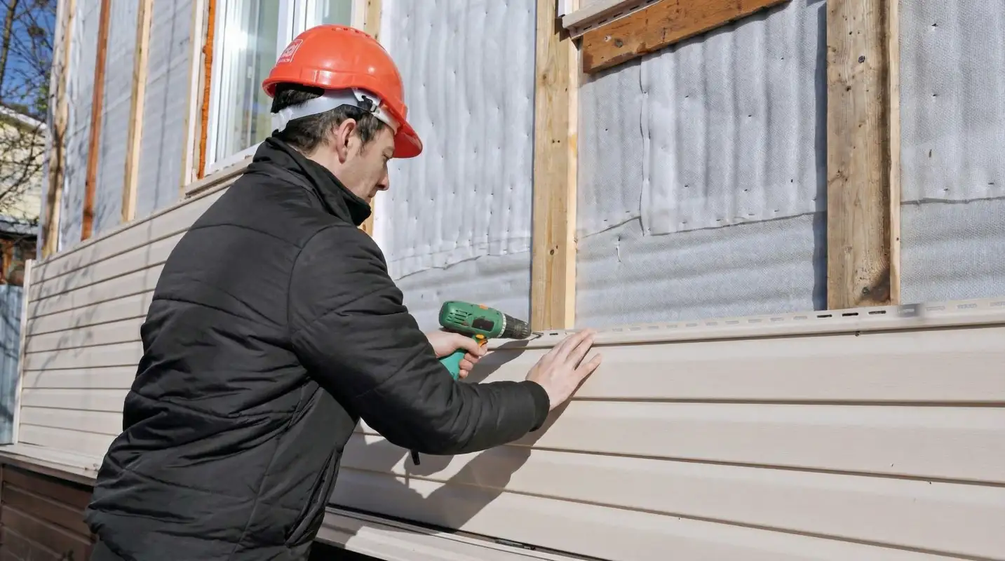 Siding replacement professional using a power drill to install new tan vinyl siding on a home exterior in Yonkers, NY