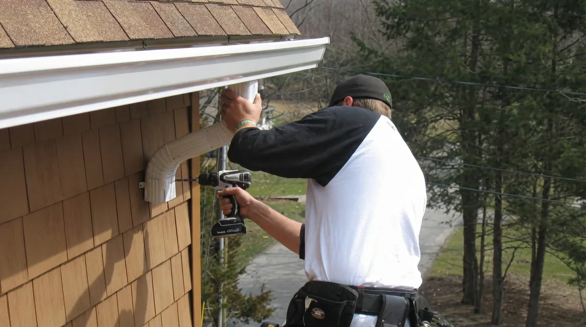 Professional contractor installing tan vinyl siding panels on a residential home exterior in Yonkers, NY