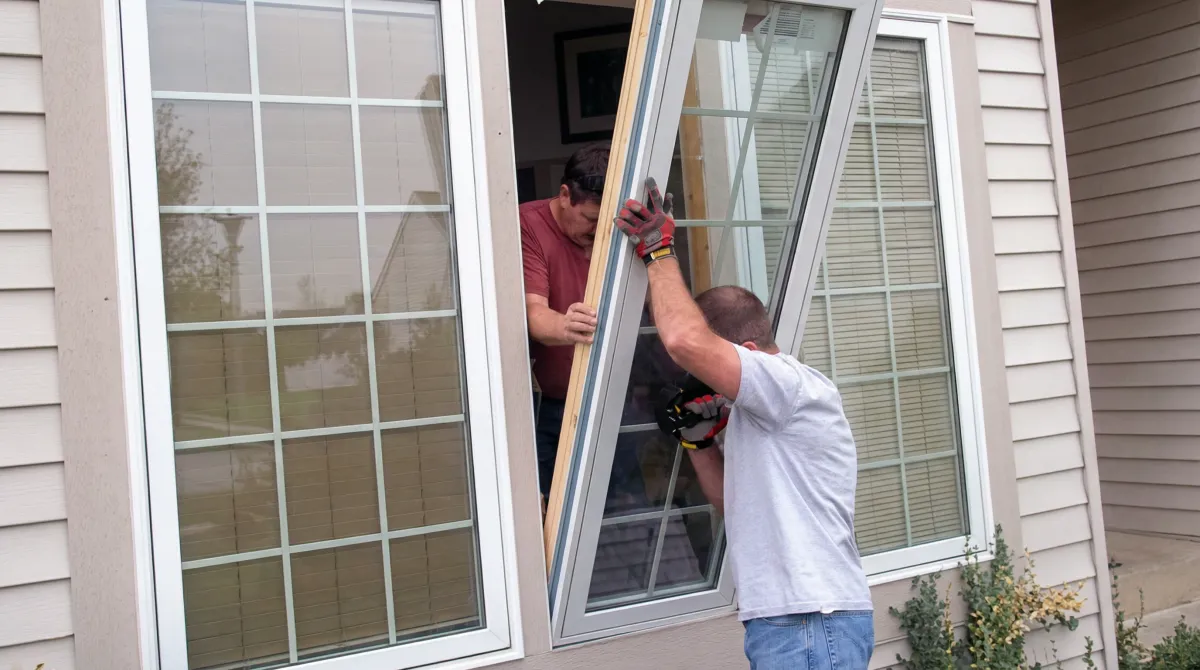 Professional home remodeling team installing a large replacement window on a house with tan siding in Yonkers, NY